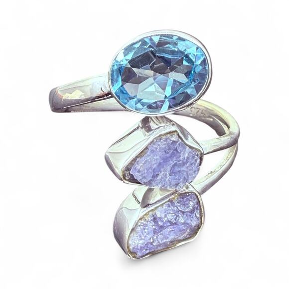 Natural Raw Tanzanite Blue Topaz Ring 925 Sterling Silver Size 8 - Picture 4 of 6